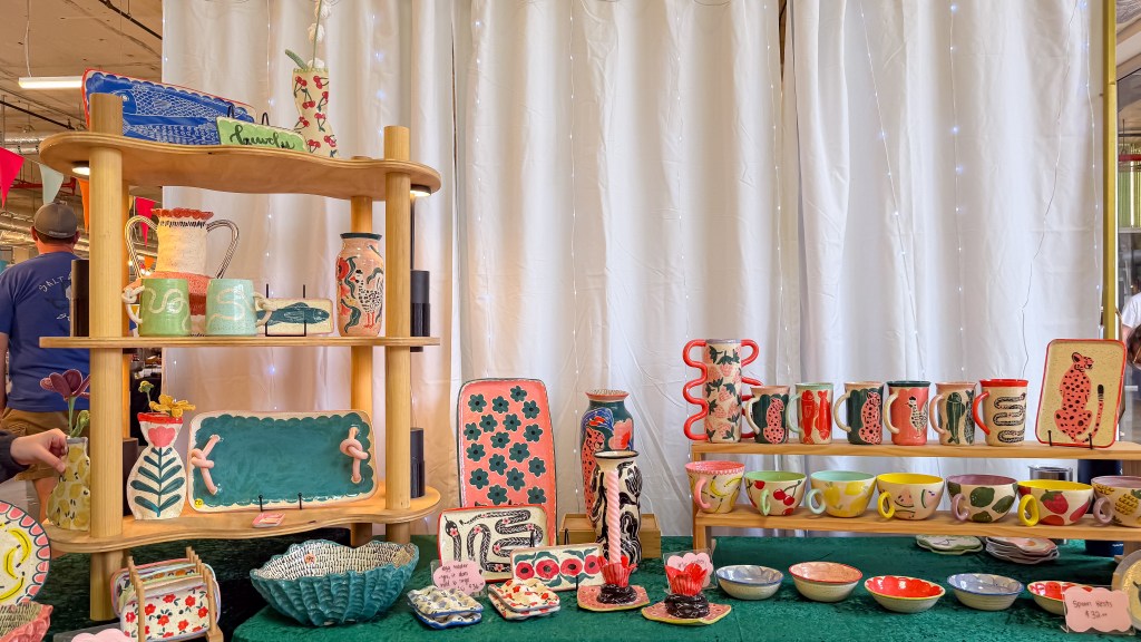 Houston Creators Take Over POST: Inside the Makers Market - Booth of ceramics hand made in Houston and very colorful
